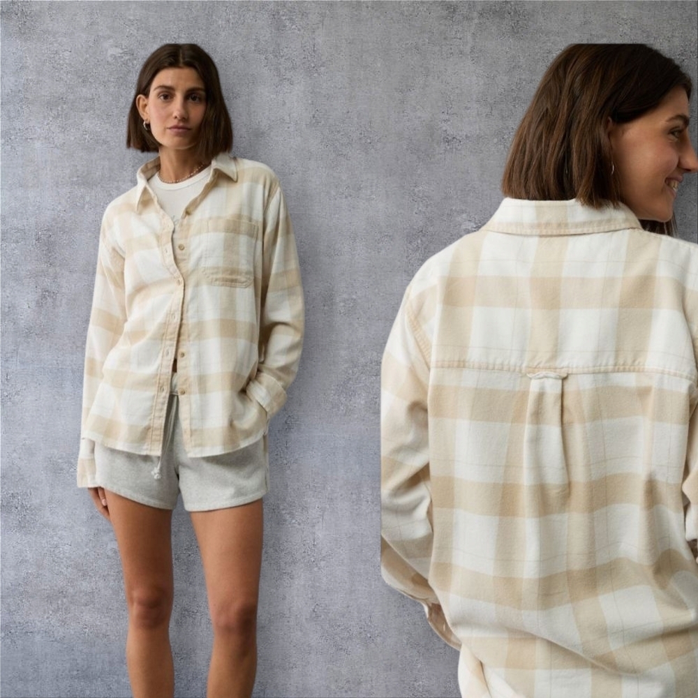 NEW! Beige & White Plaid Button-Up Shirt 100% Cotton Overside Flannel  Size Xl